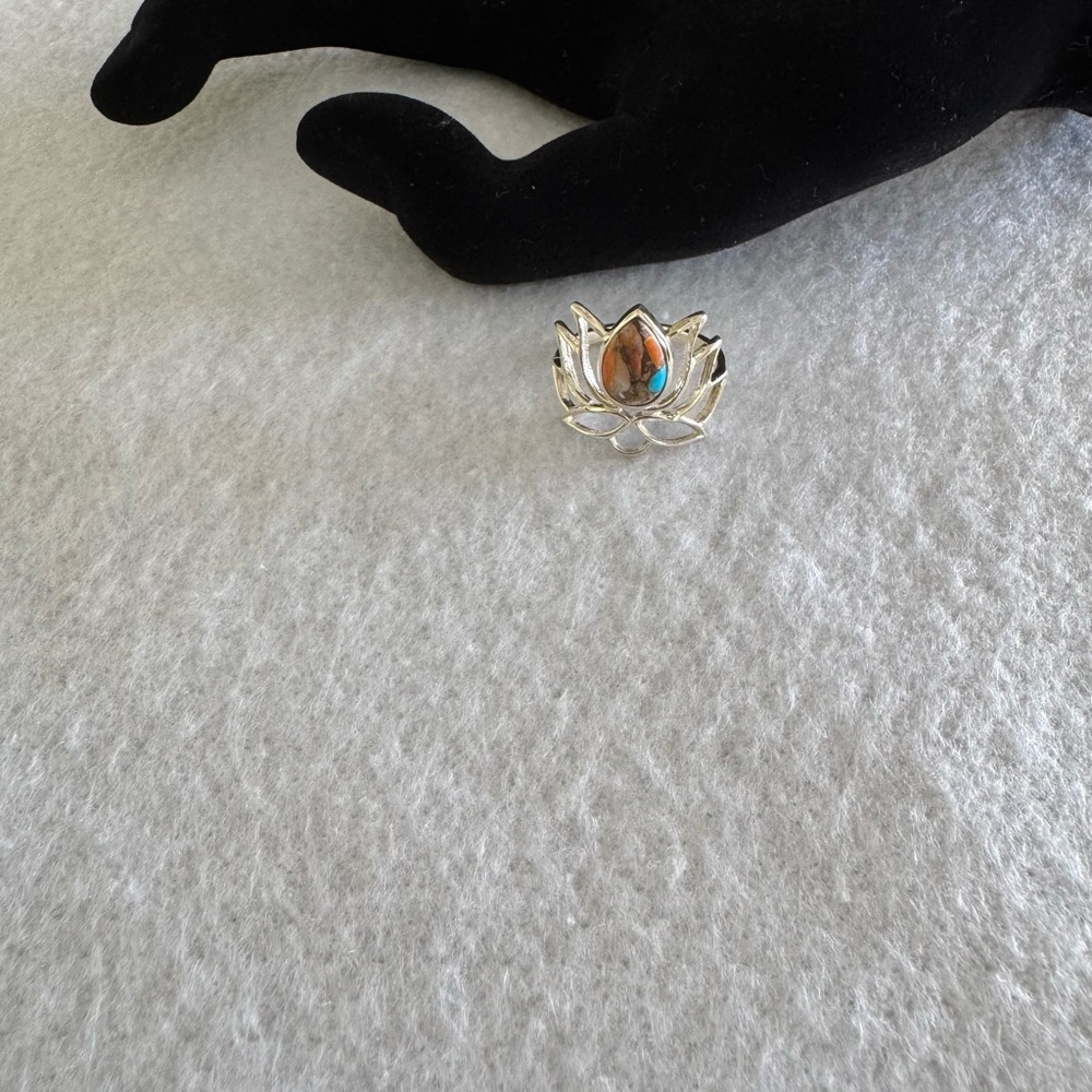 Silver Lotus Ring with Multicolor Stone - Picture 2 of 4